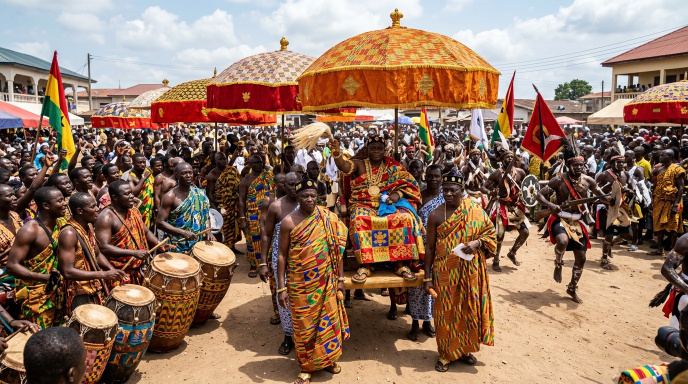 Aboakyer festival procession in Winneba with chiefs and drummers